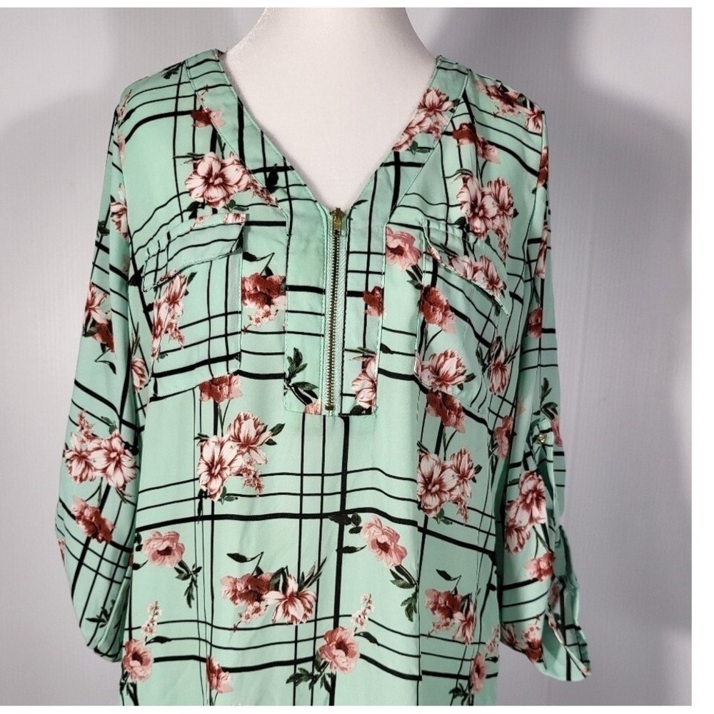WishFull Park‎ Women's Floral Cool Green Plaid Blouse Size L - Picture 5 of 9